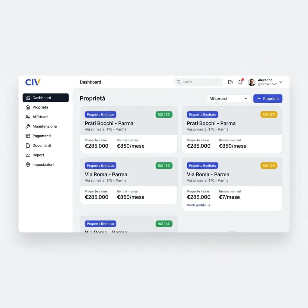 Screenshot del gestionale immobiliare gratuito CIV - dashboard con portafoglio immobili, ROI e valutazioni