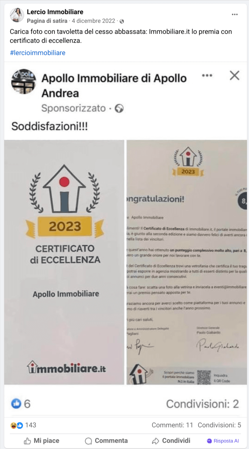 Meme Lercio su Premio Eccellenza Immobiliare.it