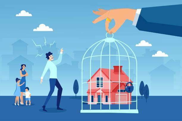 foreclosure concept. vector of a stressed family being evicted from their house