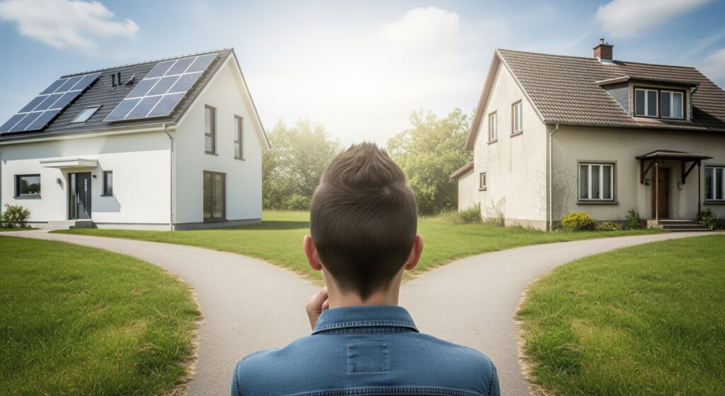 Persona a un bivio tra casa moderna efficiente e casa vecchia, metafora fotorealistica della scelta immobiliare strategica con la direttiva case green e l'impatto sul valore degli immobili.