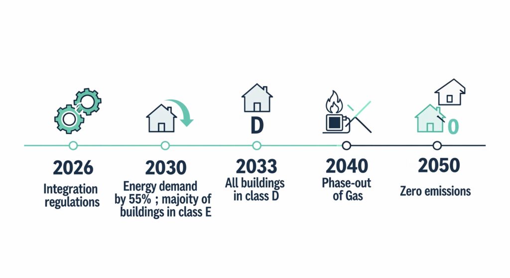 Infografica timeline Direttiva Case Green con scadenze UE 2026-2050 per l'efficienza energetica degli edifici e impatto sul mercato immobiliare.
