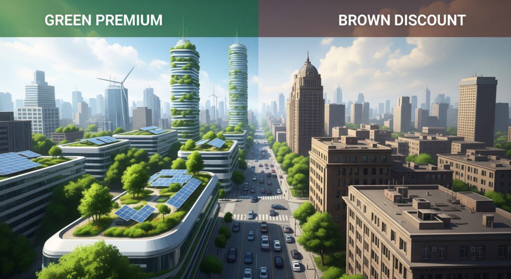 Città divisa verticalmente: a sinistra edifici moderni, luminosi e con vegetazione ('Green Premium'); a destra edifici più vecchi, scuri e dall'aspetto meno efficiente ('Brown Discount'). Confronto impatto transizione energetica.