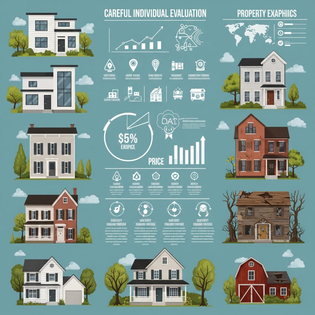 Infografica che mostra una varietà di case e èdifici, alcuni nuovi e altri vecchi, con simboli che suggeriscono un'attenta valutazione individuale prima di una scelta.