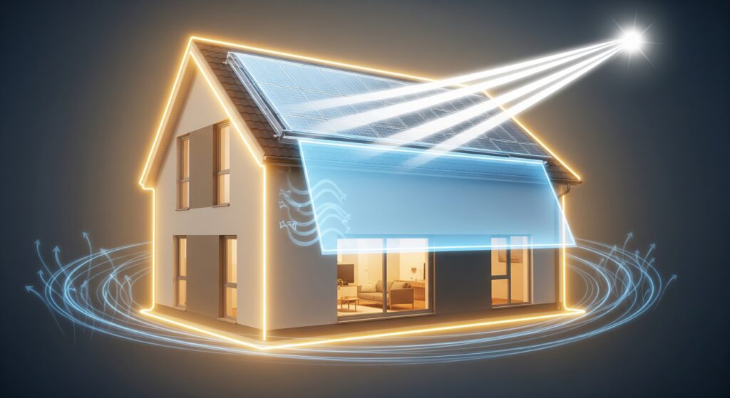 Casa moderna efficiente con effetti di luce stilizzati che illustrano i benefici della riqualificazione energetica: isolamento, controllo solare, energia rinnovabile e aria pulita.